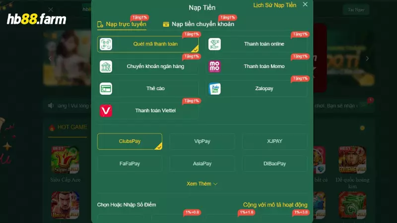 Thể thao ảo là gì? Hướng dẫn đặt cược thể thao ảo trên HB88 3 Nạp tiền vào tài khoản cá cược HB88